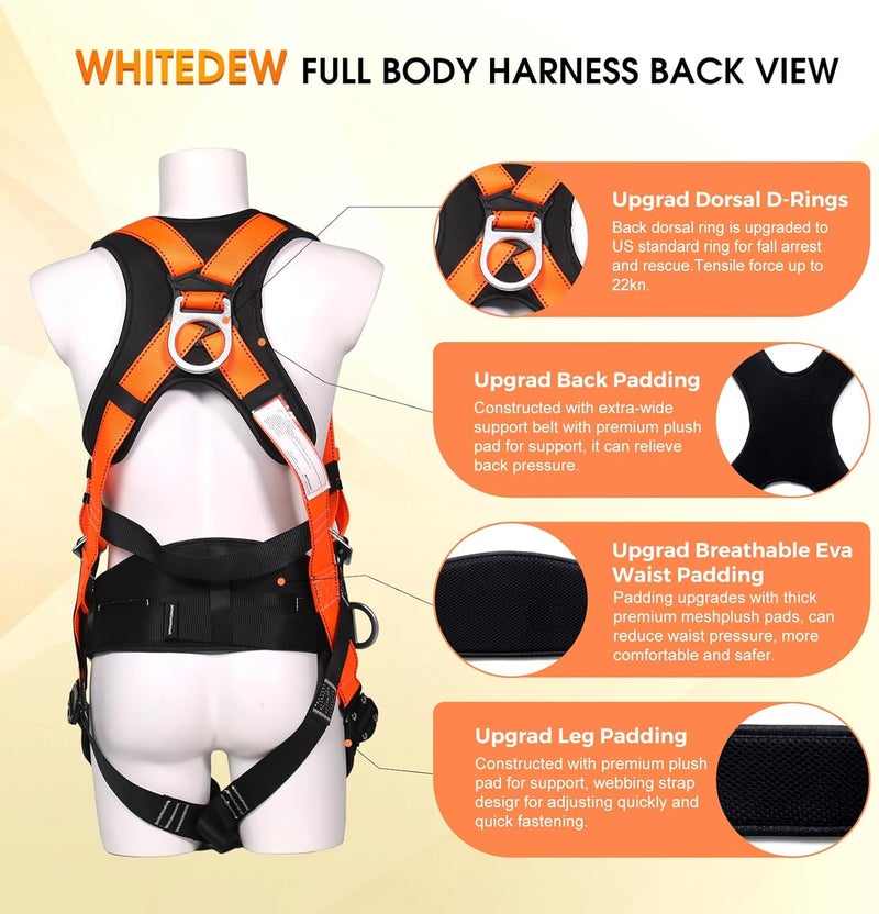 Whitedew Fall Protection Premium Safety Harness with Shock Absorbing Lanyard, Vented & Padded Shoulder, Legs & Back - Upgrade 4 Quick Buckles (Orange) - Image 3